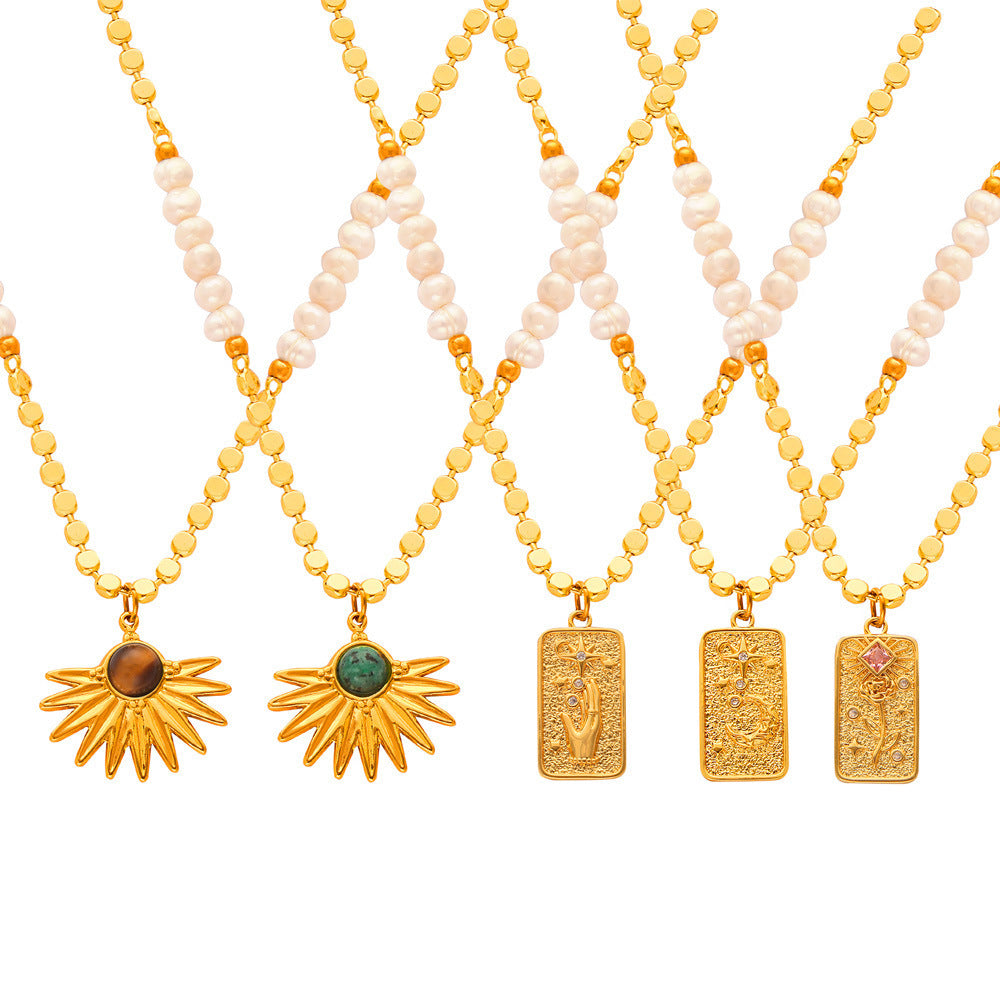 tigereye geometric design pendant collection featuring gold star and rectangular designs with beads